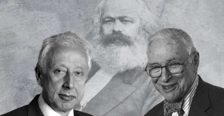 Pérsio Arida (esq.), Kenneth Arrow (dir.) e Karl Marx (centro).
