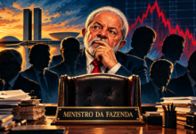Illustration of a finance minister seated at a desk with stacks of papers, pondering as silhouettes and a red stock chart loom behind him at sunset (Brazilian context).