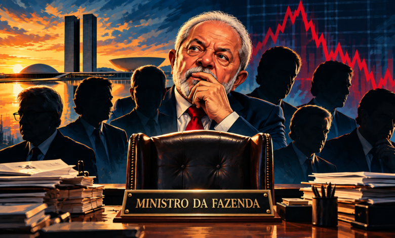 Illustration of a finance minister seated at a desk with stacks of papers, pondering as silhouettes and a red stock chart loom behind him at sunset (Brazilian context).