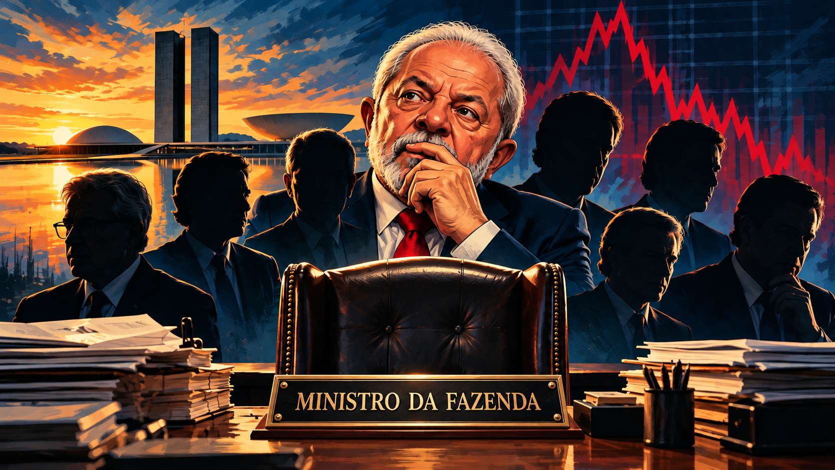 Illustration of a finance minister seated at a desk with stacks of papers, pondering as silhouettes and a red stock chart loom behind him at sunset (Brazilian context).