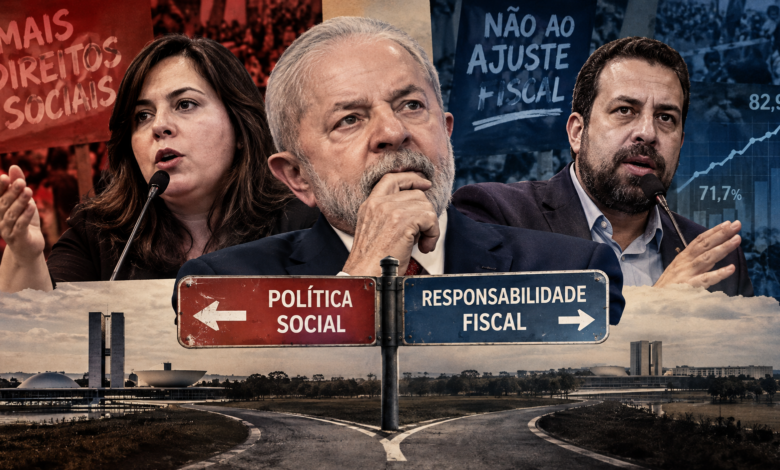 Central figure thinking at a crossroads between social policy and fiscal responsibility, with two speakers and protest signs in the background.