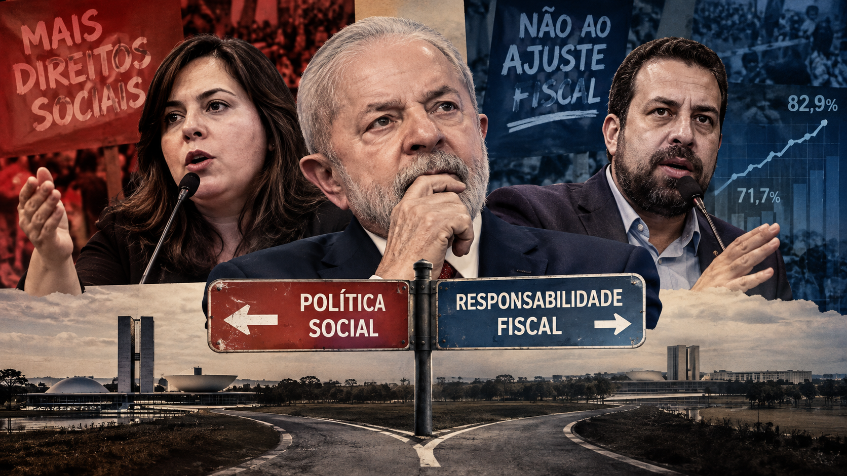 Central figure thinking at a crossroads between social policy and fiscal responsibility, with two speakers and protest signs in the background.