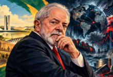 Older man in a dark suit and red tie, foreground, with a global economy collage in the background showing a globe, financial charts, flags, and industrial imagery.