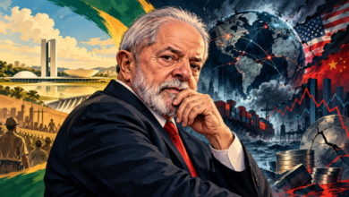 Older man in a dark suit and red tie, foreground, with a global economy collage in the background showing a globe, financial charts, flags, and industrial imagery.